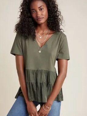 Maeve by Anthropologie Louisa Tiered Top in Olive NWOT